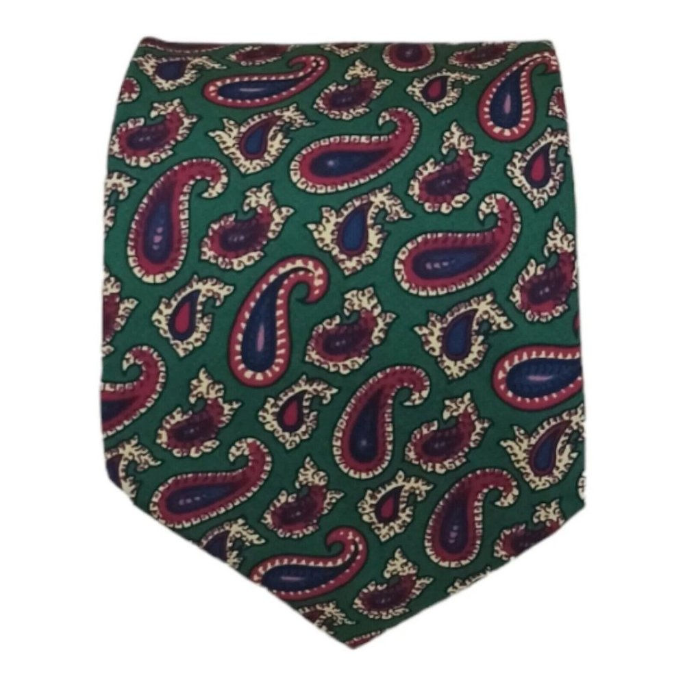 BURBERRYS Green Paisley Silk Tie ENGLAND 59"/ 3.6" EC